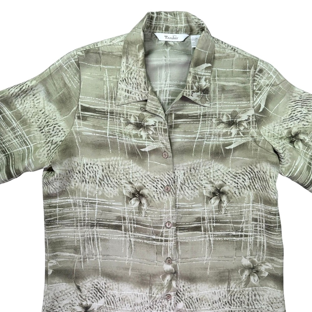 Tanjay Hawaiian Top Women 10 Green Lounge Resort Floral Palm Tan Jay Hiking